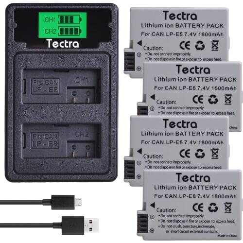 4PCS 1800mAh LP-E8 LPE8 LP E8 Battery for Canon EOS 550D 600D 650D 700D X4 X5 X6i Battery+LCD USB Dual Charger Type C