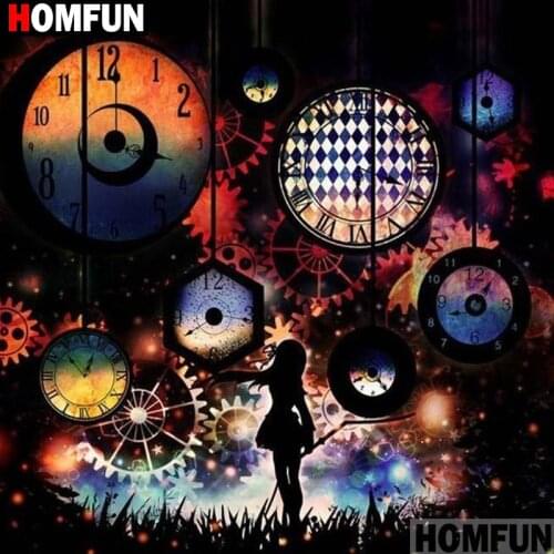 HOMFUN Full Square/Round Drill 5D DIY Diamond Painting "Clock girl" 3D Embroidery Cross Stitch 5D Home Decor A15815