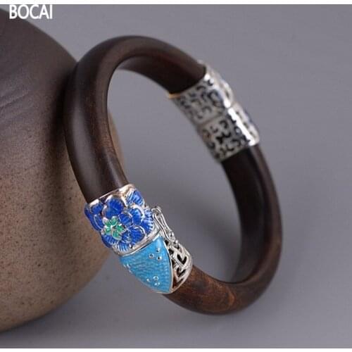 BOCAI New Real 100% S925 silver jewelry peony flower burnt blue, female ebony bracelet ethnic style cloisonne bracelet for Woman