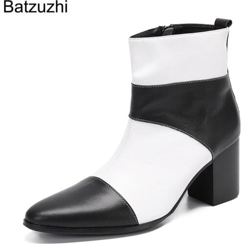 Batzuzhi British Style New Men Shoes Pointed Toe Black White Genuine Leather Boots Ankle Men for Knight/Party and Wedding, 38-46