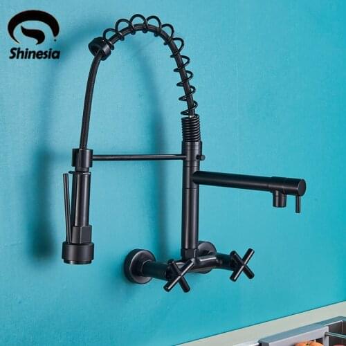 Shinesia Black Kitchen Faucet Wall Mount Spring 360 Degree Rotation Hot and Cold Water Mixer Crane with Buckle New Arrival