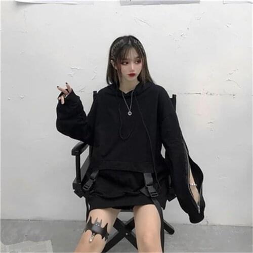 Dark Womens autumn new sleeve ZIP open large pocket design ribbon small personality loose Hoodie