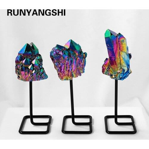 Electroplated rainbow clusters Clear quartz crystal wand Seven colors ineral Specimen Healing Home Display Decoration Decor