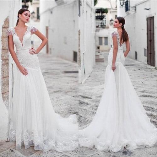 Custom Made V-neck Cap Sleeves Sheath Tulle & Applique & Lace Wedding Dress 2021 vestido de noiva princesa Bridal Gown
