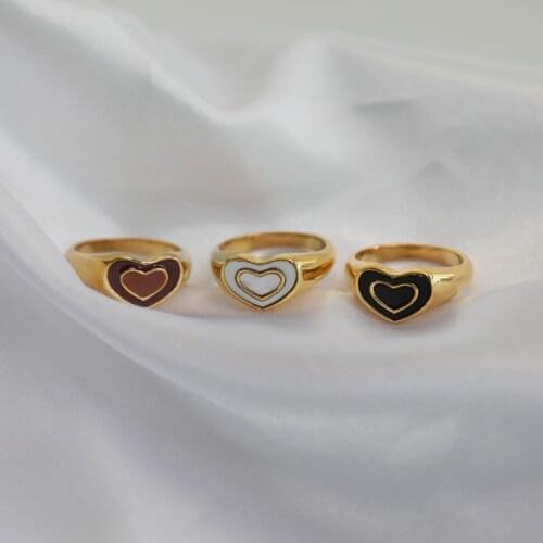 Joolim High End PVD Plated Stainless Steel Double Heart Enamel Rings 2021 Trendy White Black Brown Jewelry