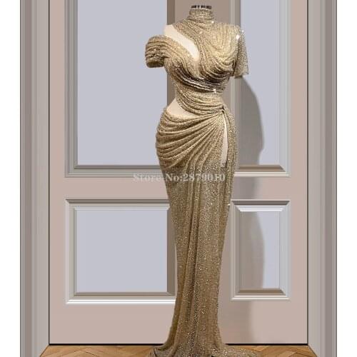 Junoesque High Neck Mermaid Evening Dress Floor-Length Slit Prom Dress Sequins Formal Dress Middle East Saudi Arabia 2020 Dubai