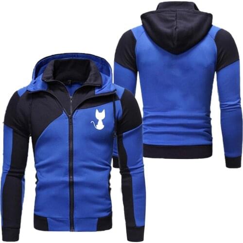 Jacket Men Hooded Slim Fit Casual Streetwear Patchwork Jackets Long Sleeve Cat Print Trendy Outerwear Jackets Coat for Men