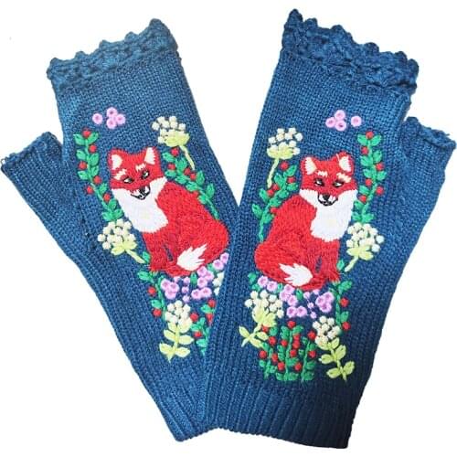 Fashion Womens Autumn Knitted Handmade Embroidery Gloves Embroidered Fox Flowers Mid Long Half Finger Warm Wool Winter Gloves