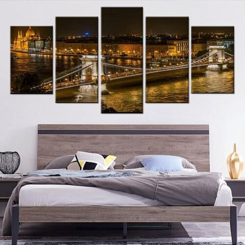 Modular Vintage Night View Pictures 5 Panel Hungary City Home Decor Paintings On Canvas Bridge Wall Art For Living Room HD Print