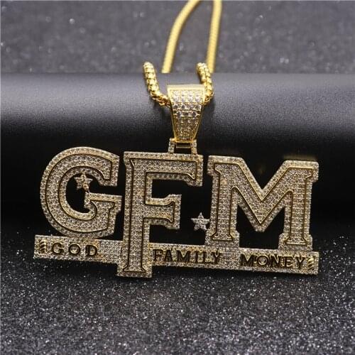 MenS Iced Out Letters GFM Pendant Necklace Bling GOD FAMILY MONEY Full AAA Zircon Charms Necklace Hip Hop Rock Jewelry