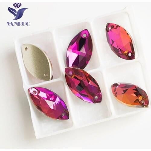 YANRUO 3223 All Sizes Fuchsia Navette Flatback Sewing Garment Decoration Sew On Strass Crystal Applique For Dresses