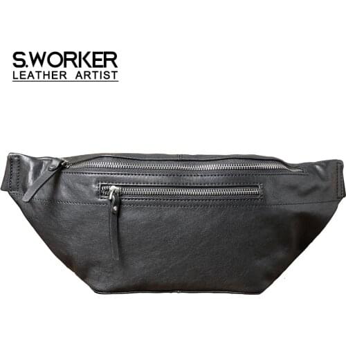 S.WORKER Genuine Cowhide Leather Waist Bag Casual Mens Shoulder Bag Chest Bag Cross Body Bag Classic Fashion