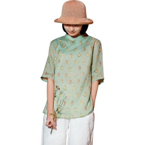 QPFJQD 2021 Summer Vintage Print Button Ladies Pullovers Shirts Simple Loose Comfortable Women Stand Collar Blouse Tops