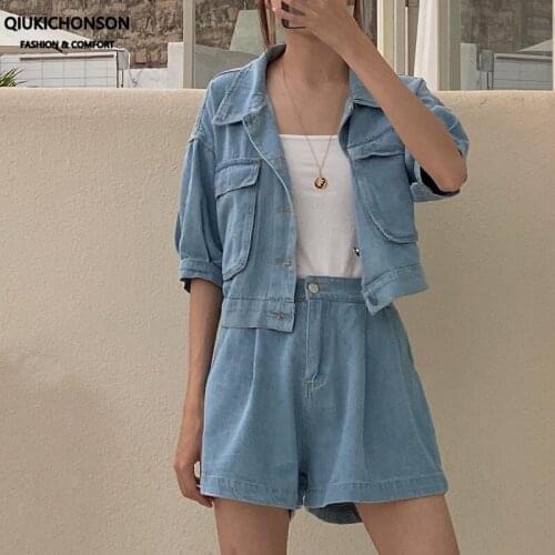 Plus Size Two Piece Sets Women Summer Short Puff Sleeve Cropped Denim Jacket and Shorts matching set 2 Piece Set Women Shorts