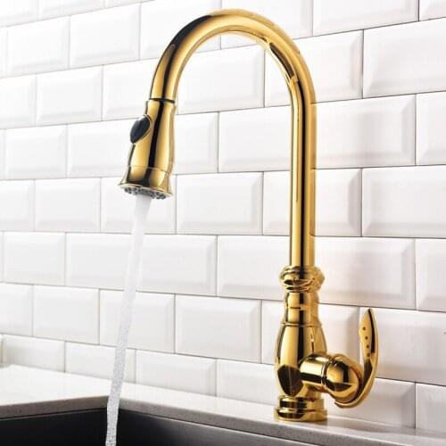 Gold Pull Out Brass Kitchen Fauce Single Handle Water Taps Hot Cold Deck Mounted Swivel 360 Degree Water Mixer Tap