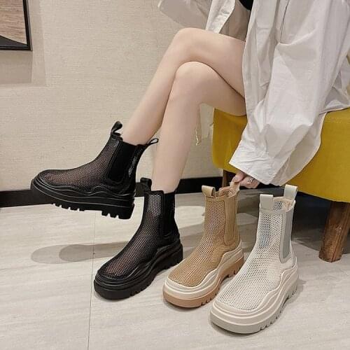 Women Summer Ankle Boots Fashion Spring Mesh Hollow Breathable Thick Bottom 6cm Platform Flat Females Shoes Plus Size 2021 New