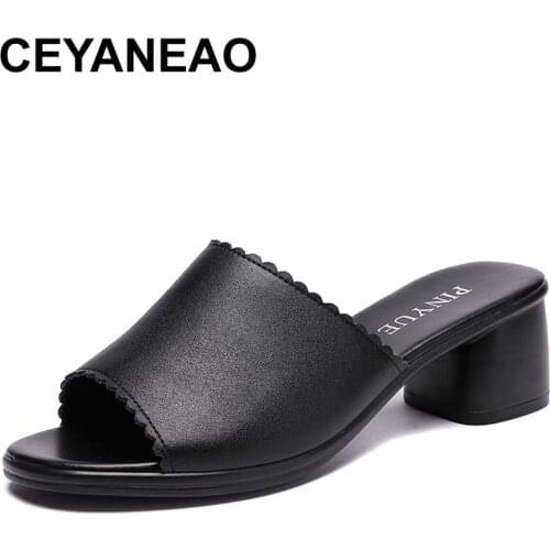 CEYANEAO Women Slipper 2020 Ladies Summer Slippers Shoes Women High Heels Fashion Summer Genuine Leather Shoes