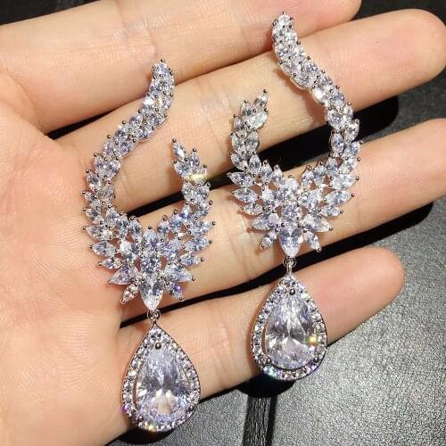 2019 Elegant Copper Base Geometric Brand Design Zirconia Water Drop Earrings For Women Brincos Ear Accessories