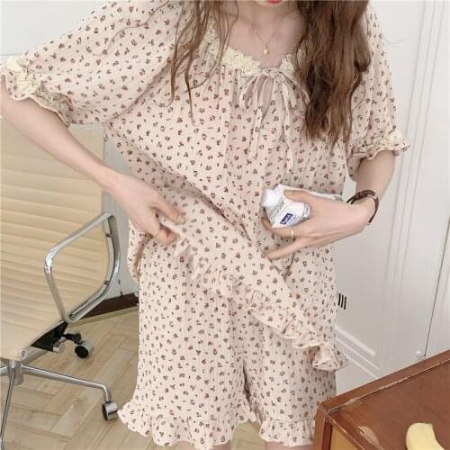 Lacework floral print cotton women pajama set summer sleepwear 2 piece set girls homewear pullover+shorts loungewear suit Y758