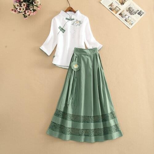 Spring Summer New Fashion Embroidery Two Piece Set Women Chinese Hit Color Blouse Shirt + Long Tassel Pleated Skirt Sets Suits