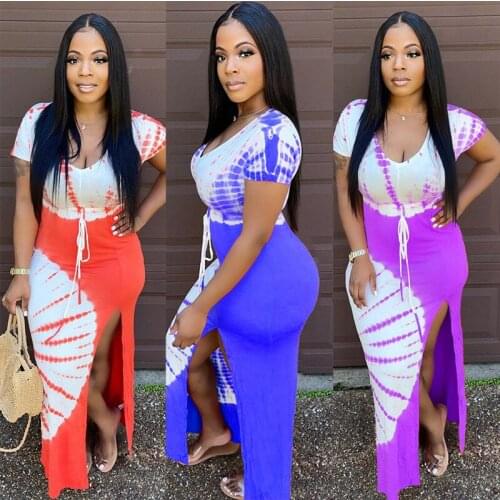 Irregular Maxi Dress Popular Womens 2021 New Sexy Printing Split Long Skirt Fashion Summer Outfits Short Sleeve O-Neck Vintage