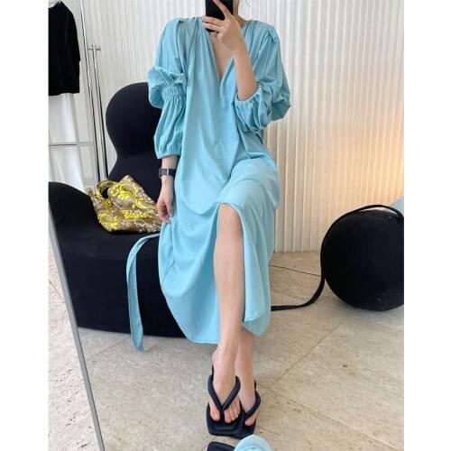New French Style Temperament Fashionable Tencel V-neck Dress Tight Waist Slimming Puff Sleeve Drape Elegant Dress for Women