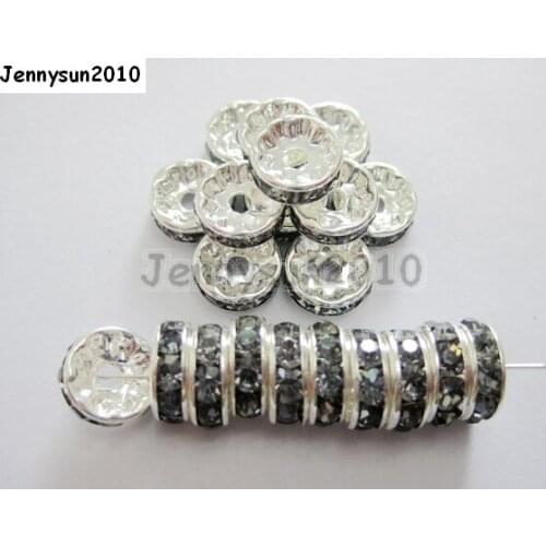 200pcs/lot 7mm Top Quality Czech Crystal Grey Rhinestone Pave Rondelle Metal Silver Plated Spacer Loose Beads Jewelry