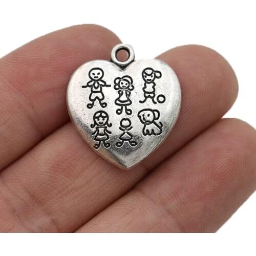 5pcs Tibetan Silver Plated Family Heart Charms Pendants for Jewelry Making Necklace Earrings DIY Handmade 25x22mm