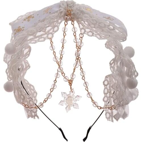 Cute Girls White Lace Hairband Lolita Snowflake Beading Bow Headband Headpiece