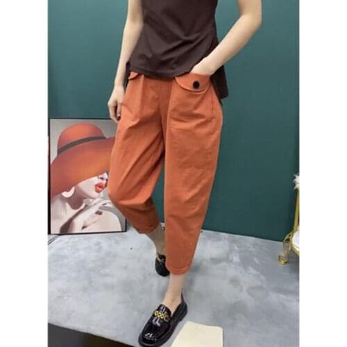 New Arrival Summer Korean Style Women Loose Casual Elastic Waist Ankle-length Pants All-matched Pocket Design Harem Pants W370