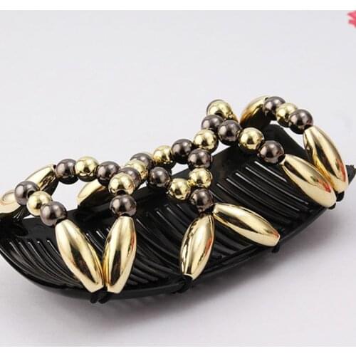 Ladies Women Elastic Hairpin Stretch Double Magic Hair Comb Handmade Beaded Hair Clip Bun Maker DIY Styling Tool 3 Colors