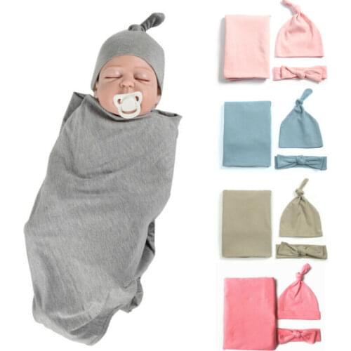 Baby Bedding Wear Newborn Baby Girl Boy Solid Swaddle Wrap Blanket Sleeping Bag+Headband +Hat 3Pcs Set