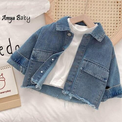Amya Baby Little Girls Fall Jackes Turn-Down Collar Blue Denim Kids Outwear Coats Fashion Birthday Children Jeans Clothing
