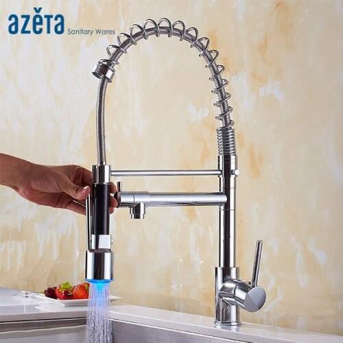 Azeta Chrome Brass Kitchen Faucet LED Swivel Spout Kitchen Mixer Tap Pull Down Kitchen Faucet Single Handle Kitchen Tap MK9844LD