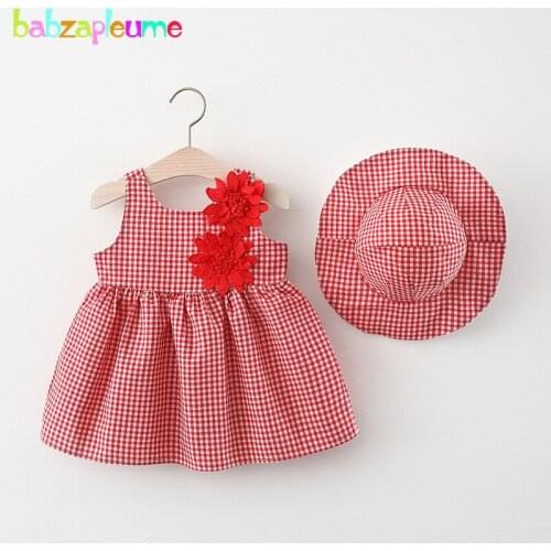 2Piece Baby Summer Princess Dress Toddler Girls Clothes Plaid Flowers Sleeveless Cotton Kids Dresses+Sunhat Newborn Set BC2027-1