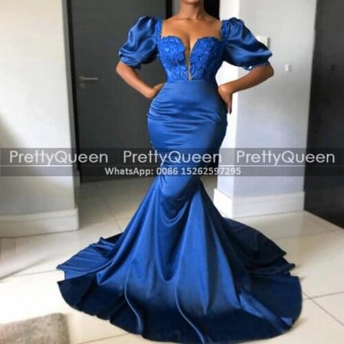 Royal Blue Stain Prom Dresses With Short Bishop Sleeves Appliques Mermaid Long Sweep Train Sweetheart Neck Women Dress Party