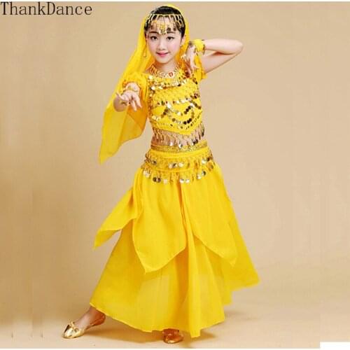 4pc New Girls Belly Dance Costume Child Bollywood Dance Costumes Bellydance Children Indian Clothing Dresses for Kids Bellydance