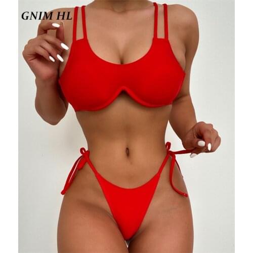 GNIM Sexy Bandage String Bikini Swimwear Women Push Up Backless Beachwear Swimsuit Female Solid Womens Swimming Suit Biquini