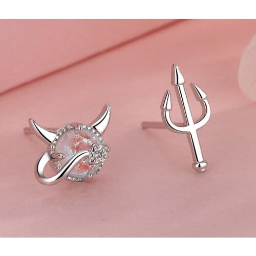 Fashion silver asymmetric opal little devil earrings ladies party jewelry ladies pendant earrings