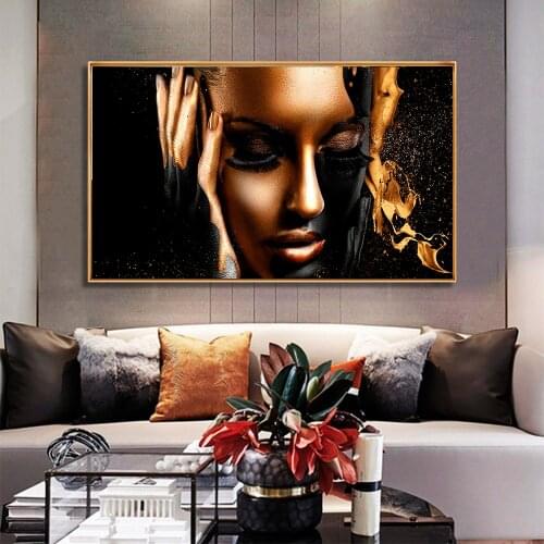 MUTU Africa Black Women Canvas Painting Wall Pictures For Living Room Posters and Prints Golden Color Figure Art Decoration