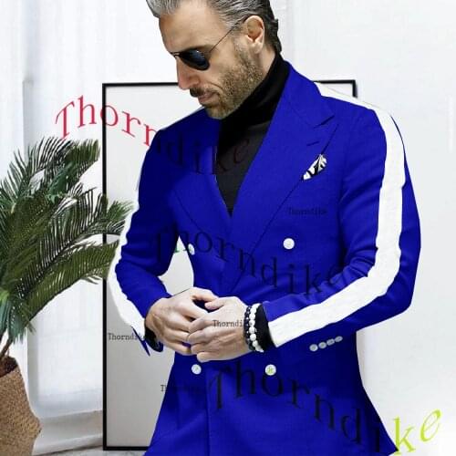 Thorndike Casual Double Breasted Royal Blue Men Suits For Groom Wear Beach Blazers 2 Pieces Jacket With Pants T1334