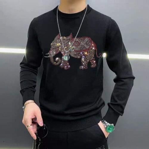 Autumn And Winter New Mens Sweater Printing Hot Diamond Elephant Pullover Casual Long-Sleeved Warm Top Oversized