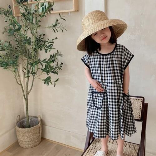 Summer Girls Dress Korean Style Pocket Black And White Plaid Drop Shoulder Sleeve Dress Baby Kids Clothes ChildrenS Clothing