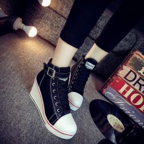 Walking shoes high-rise thick wedges with high-top canvas shoes women cake with casual shoes 8cm heel