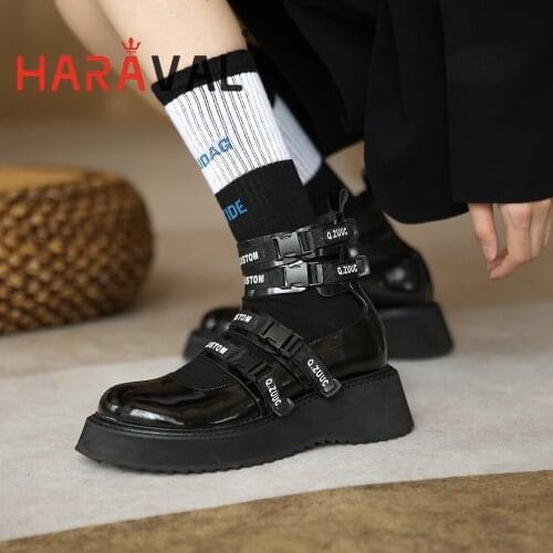 HARAVAL Women Pumps Shoes Thick Bottom Mary Janes Y2K Elegant Fashion Patent Leather Round Toe Black White Casual Elegant B400