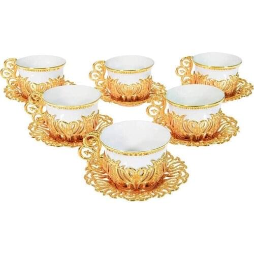 Turkish Greek Arabic Coffee Espresso Cup Saucer Set 6 Person Gold Mix Color High Quality Zamac and Porcelain Made in Turkey