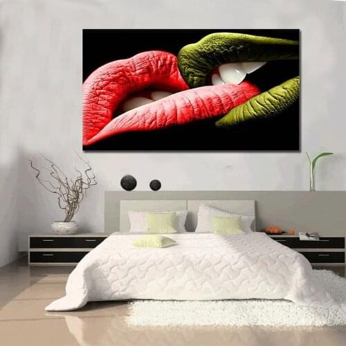 Creative Kissing Canvas Painting Personality Sexy Temptation Red Lips Poster Personality Passion Bedroom Wall Art Decor Pictures
