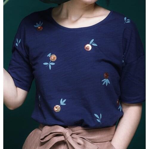 ElfStyle Women Small Orange Sequin Applique Embroidery O Neck Short Sleeve T-shirt - Female Blue/Light Pink Tees Top