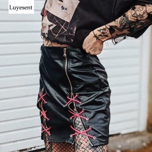Women PU Gothic Black Mini Skirts Summer Hipster Lady Bandage Lace-up Eyelet Zipper Punk Skirt Hip-hop Cool Empire Streetwear