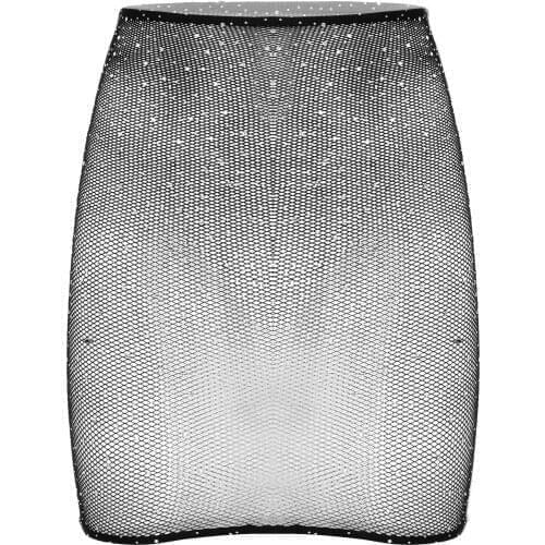 Women Hot Shiny Rhinestone Mini Skirts Sexy Black Office Lady Mesh See-Through Stretch Bodycon Clubwear Dance Party Skirts